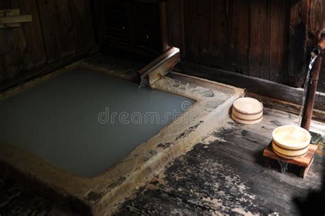 Buckets At Indoor Hot Spring Bath In Northern Japan Stock Photo Image