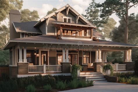 Craftsman House With Wrap Around Porch And Hanging Lanterns Stock Image Image Of Traditional