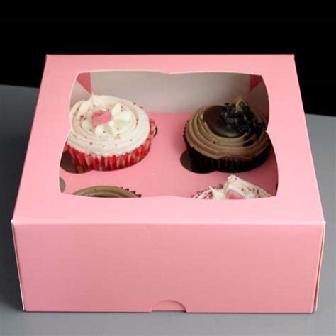 Pink Windowed Cupcake Boxes With 4 Cavity Insert