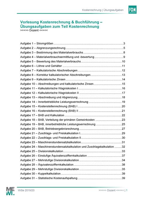 Aufgaben Vorlesung Kostenrechnung Buchf Hrung Bungsaufgaben Zum