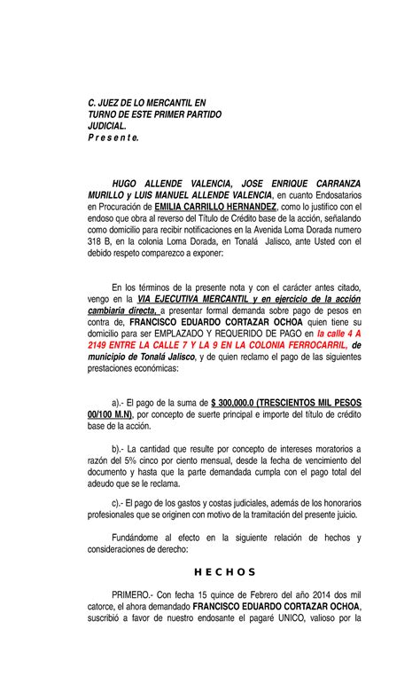 Demanda De Juicio Ejecutivo Mercantil Ejemplo Image To U