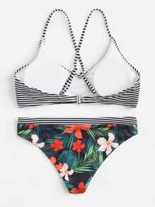 Flower Print Striped Bikini Set SheIn Sheinside