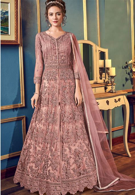 Pink Net Embroidered Lehenga Style Anarkali Suit 4557b