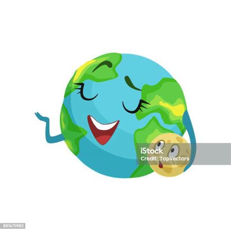 Happy Earth Planet Character Holding Moon In Its Hand Cute Globe With