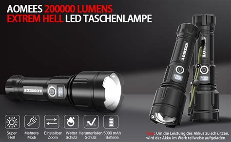 AOMEES Led Taschenlampe Aufladbar 200000 Lumen Led Taschenlampe Extrem