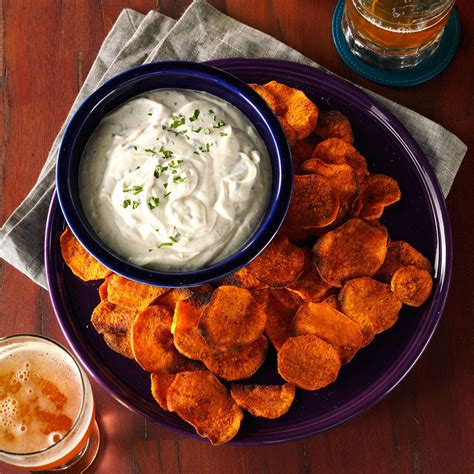 Spicy Sweet Potato Chips Cilantro Dip Recipe Taste Of Home