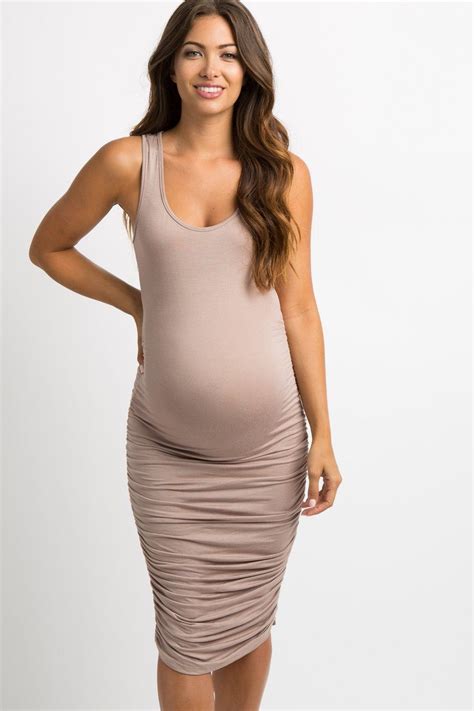 Mocha Solid Ruched Fitted Maternity Bodycon Midi Dress Midi Dress Bodycon Bodycon Fashion