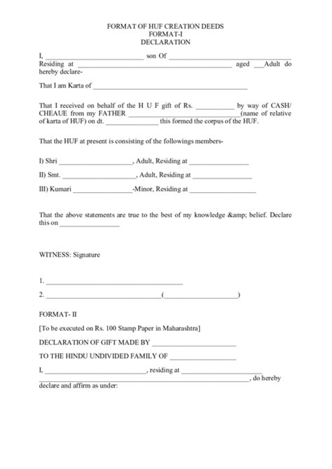 Format Of Huf Creation Deeds Format I Declaration Printable Pdf Download