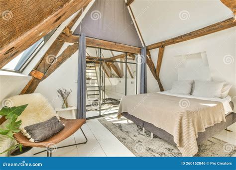 Mansard Bedroom With Minimalist Interior Design Stock Photo Image Of