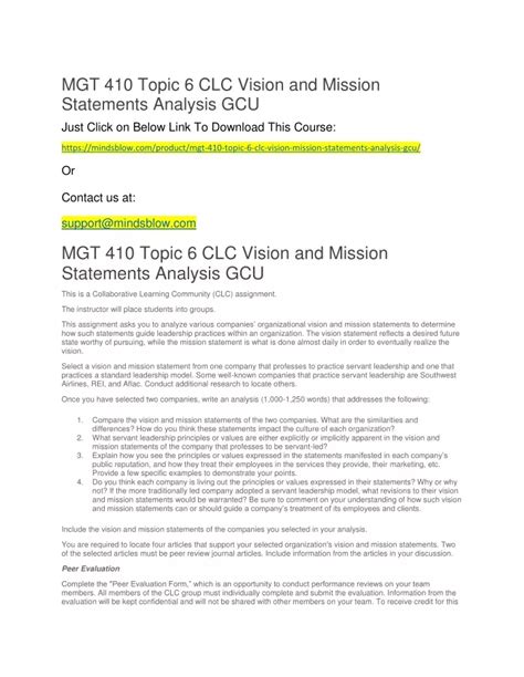 PPT MGT 410 Topic 6 CLC Vision And Mission Statements Analysis GCU