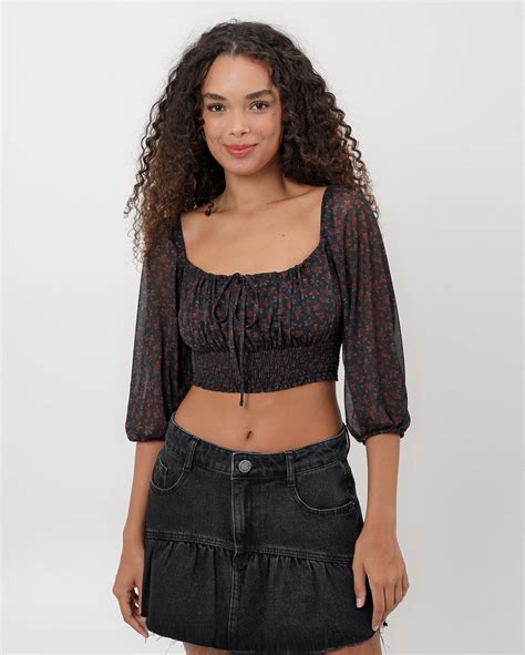 Riachuelo Blusa Cropped Rosas Manga M Dia Tule Preta Pool By Riachuelo