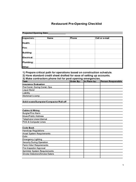 Opening Checklist Template