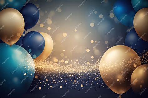 Premium Photo | A blue and gold background with balloons and sparkles