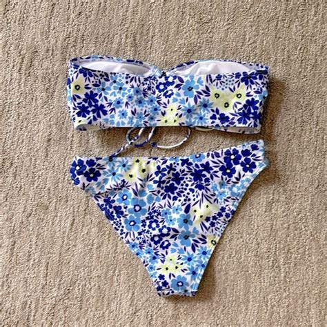 SHEIN Swim Shein Womens Beach Floral Print Strapless Bandeau Bikini