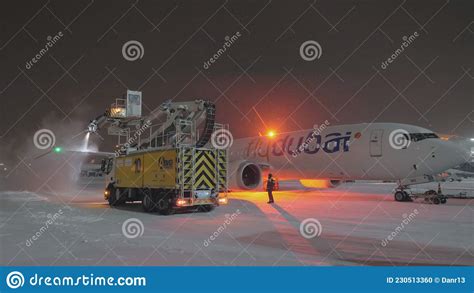 De Icing Airplane Flydubai Boeing Max At Winter Night Editorial