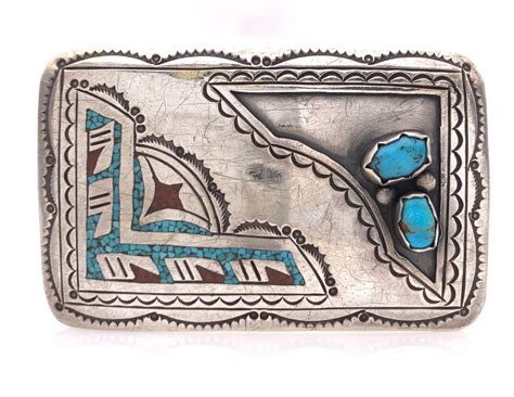 Lot J Nezzie Navajo Sterling Silver Turquoise And Chip Inlay Belt Buckle