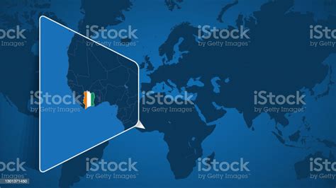 国旗を持つコートジボワールの拡大マップを持つ世界地図上のコートジボワールの位置 アフリカのベクターアート素材や画像を多数ご用意