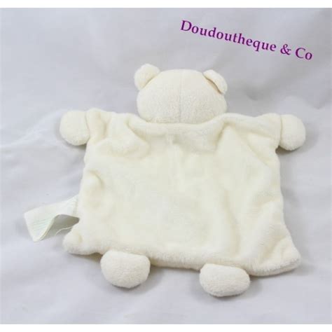 Doudou plat ours KIMBALOO blanc carré ventre rond spirale 24 cm S