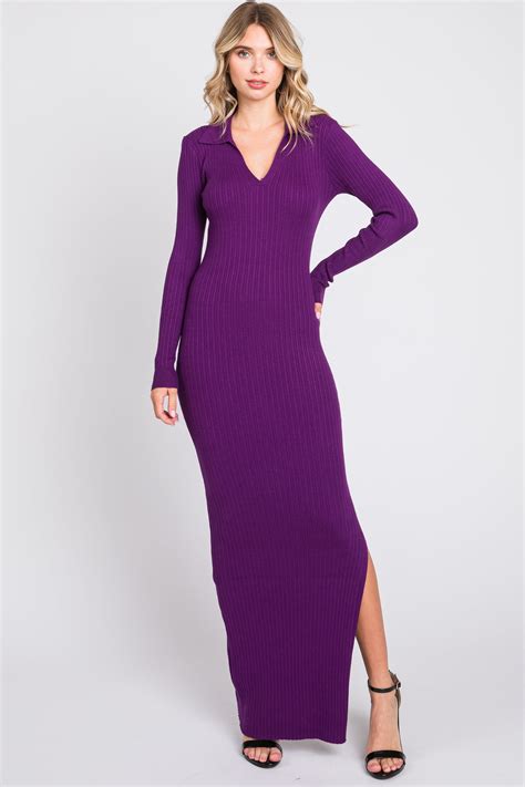 Purple Rib Knit Collared Maxi Dress Pinkblush