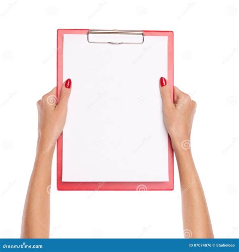 Woman S Hands With Red Nails Holding Red Clipboard Stock Photo Image