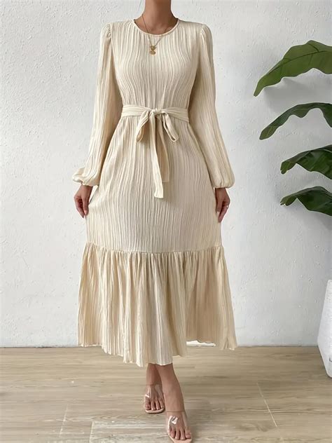 Solid Lantern Sleeve Tiered Dress Elegant Crew Neck Tie Temu