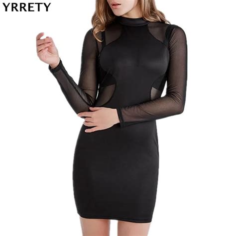 Yrrety M Xl Sexy Bandage Dress New Winter Black Dress Long Sleeve Mesh