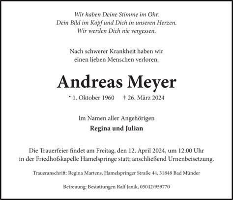 Traueranzeigen Von Andreas Meyer Trauerportal Ihrer Tageszeitung