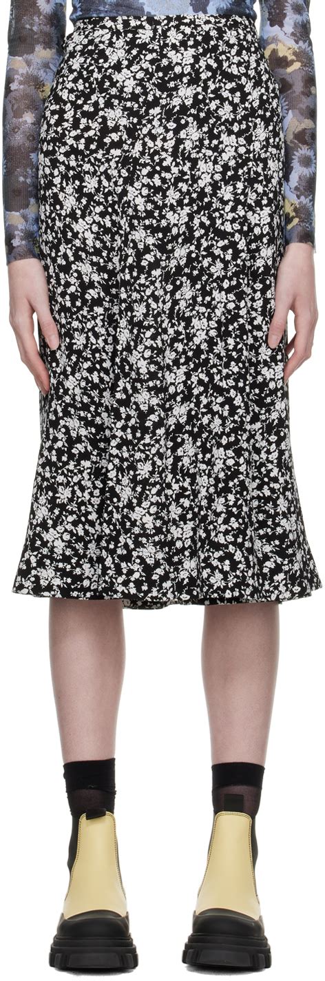 Ganni Jupe Midi Noire Motif Fleuri Ssense France