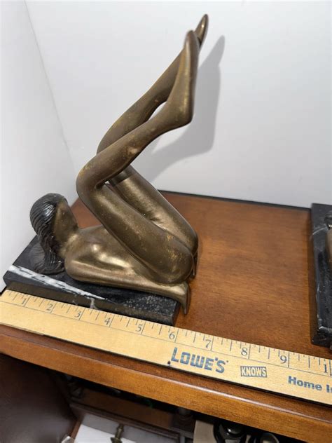 Nice Pair Of Vintage Mid Century Bronze On Marble Clad Nude Woman