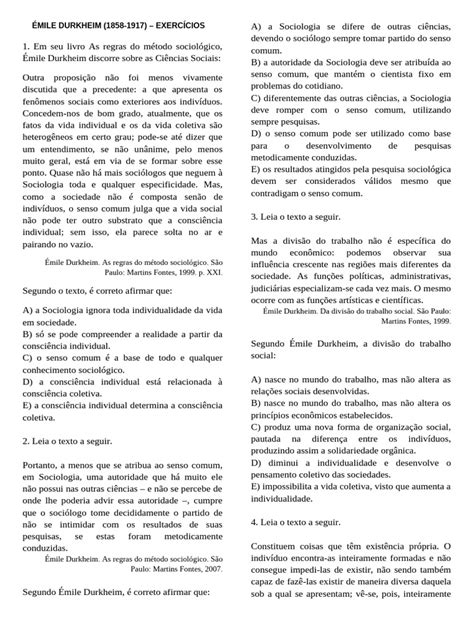 Exercícios Sobre Emile Durkheim - Exercícios sobre Émile Durkheim e Sociologia | PDF | Sociologia | Émile ...