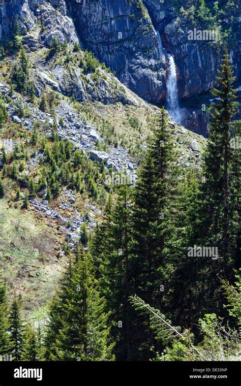 Summer Alps Mountain View With Waterfall Vorarlberg Austria Stock