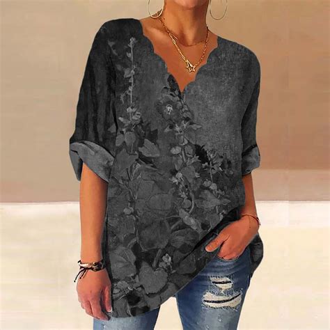 Plus Size Womens Floral V Neck Long Sleeve Tunic Tops Ladies Casual