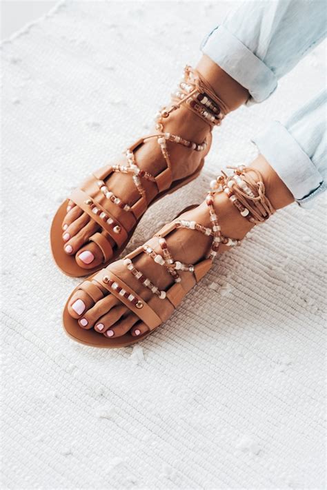 Nude Beaded Tie Up Sandals Greek Leather Sandals Boho Etsy