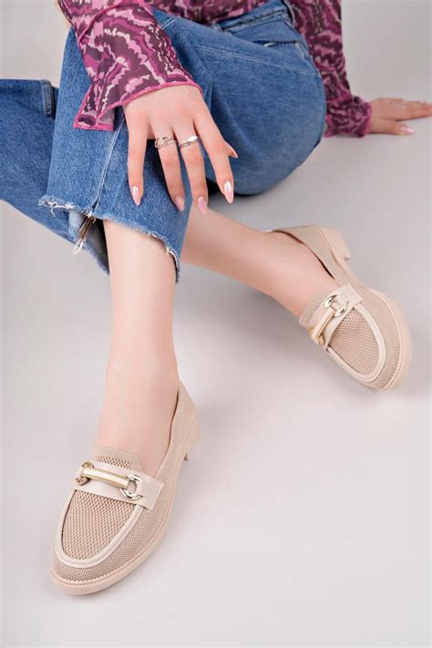 Aymood Kadın Nude Zincir Tokalı Kalın Taban Pu Deri Günlük Klasik Topuklu Loafer Makosen