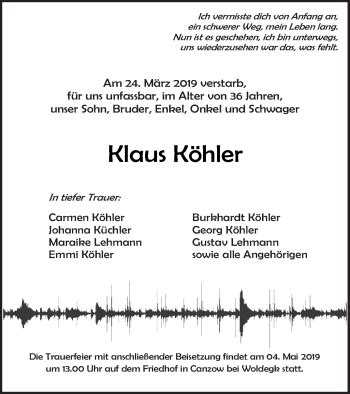 Traueranzeigen von Klaus Köhler Trauer Nordkurier