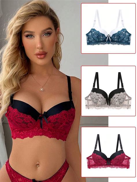 3pcs Set Lace Splicing Sexy Push Up Womens Bras Fashionable Shein Usa