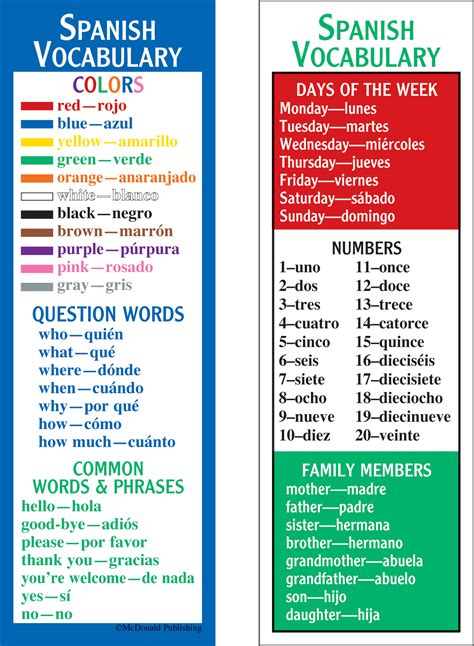 Spanish Vocabulary Smart Bookmarks - TCRK1161 | Teacher Created Resources