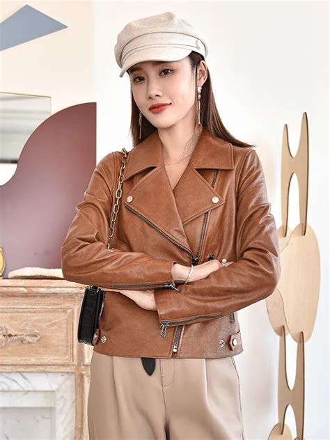 Slim Motorcycle Genuine Leather Jacket For Women Spring Autumn 2024