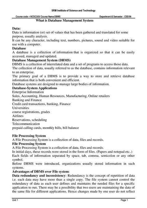 Unit I Material SRM Institute Of Science And Technology Course Code