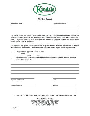 Fillable Online Kindale Respite Provider Form C Medical Form