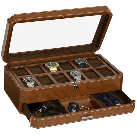 Rothwell 12 Slot Watch Box With Valet Drawer Tan Brown Blacklist