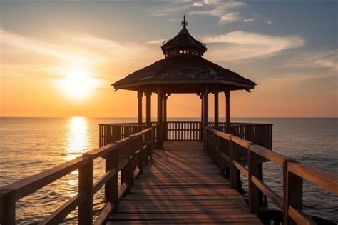 Premium Photo Gazebo On The Wooden Pier Into The Sea With The Sun At