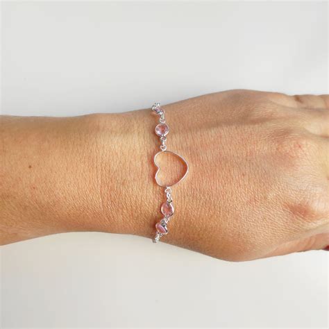 Pulseira Feminina Pedra Zircônia Coração Rosa Prata 925 Dr Joias A