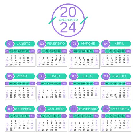 Calendário Verde Roxo 2024 Português PNG 2024 Português Calendário