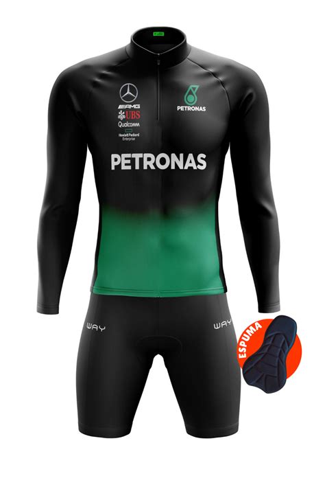 Conjunto Ciclismo Masculino Camisa Petronas Preta Manga Longa E