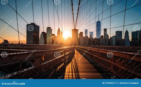 Sunrise Over Brooklyn Bridge and Downtown New York City Stock ...