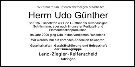 Udo G Nther Traueranzeige Trauer Infranken De