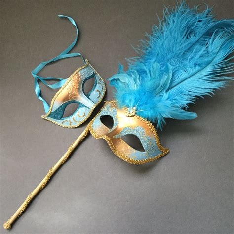 Gold Turquoise Blue Masquerade Ball Feather Mask With Handle Stick Mask