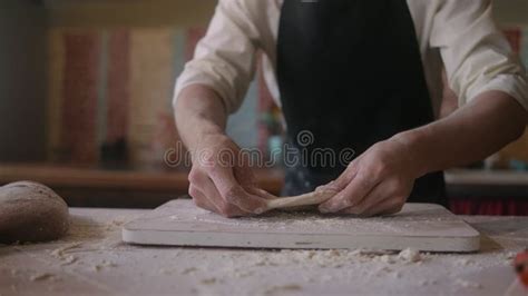 Bakery Chef Applying Flour On Dough Man Kneading Dough Making Bread