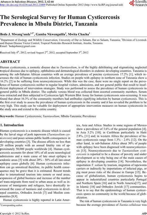 The Serological Survey For Human Cysticercosis Prevalence In Mbulu